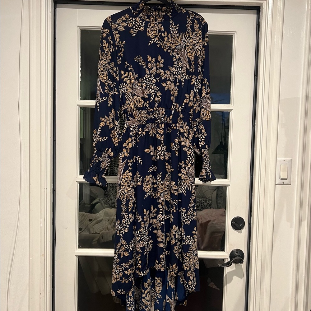 Blue dress with Gold leaf print, classy,